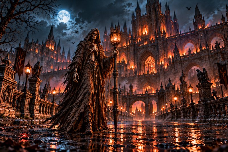 Hooded skeletal reaper stands holding a lantern staff on wet cobblestones before a glowing gothic...