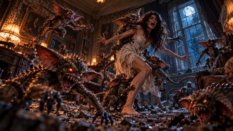 Terrified screaming woman swarmed by ferocious goblin monsters in a crumbling moonlit Victorian p...