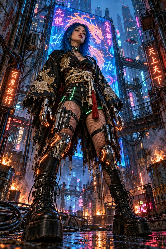 Blue-haired cyberpunk woman with glowing mechanical prosthetics stands in a rain-soaked neon dyst...