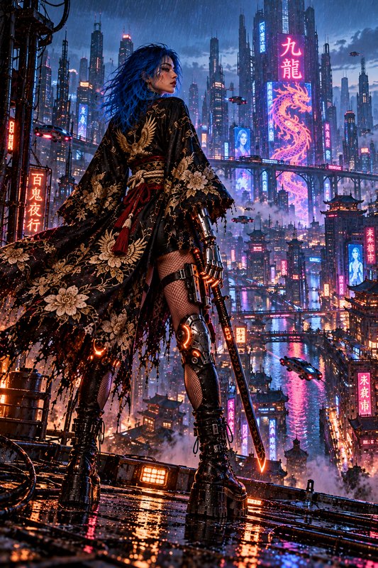 Blue-haired cyberpunk samurai stands on a wet rooftop overlooking a neon-lit futuristic megacity ...