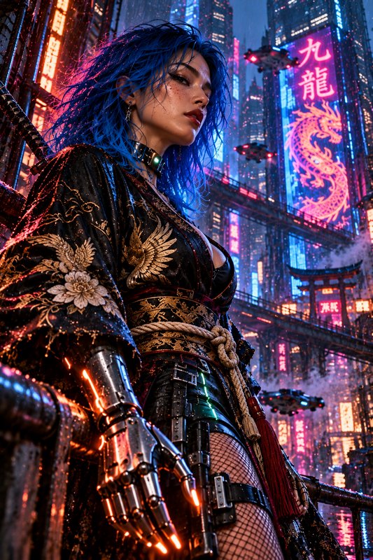 Cyberpunk woman with blue hair and glowing robotic arm stands overlooking a neon-lit futuristic city