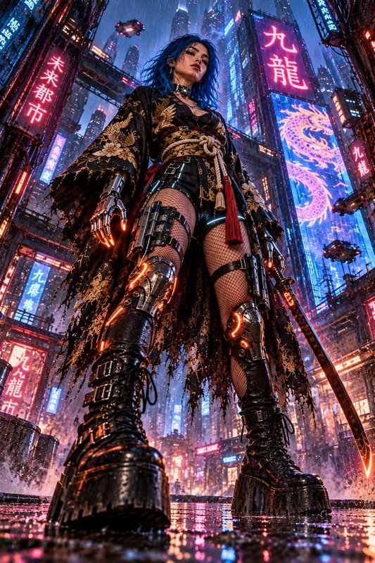 Blue-haired cyberpunk samurai with glowing prosthetics stands in a rainy neon futuristic city