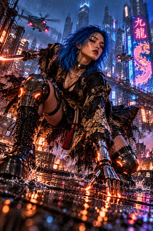 Blue haired cyberpunk samurai crouches on a rain-soaked neon city rooftop with glowing prosthetic...