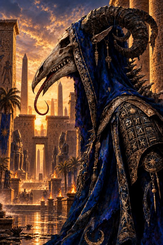 Bird-skulled horned occult sorcerer stands before an ancient Egyptian temple complex at golden su...