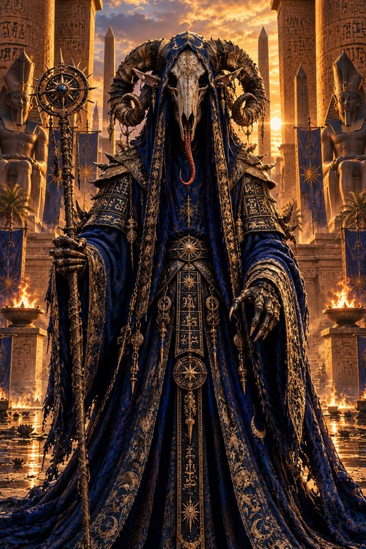 Hooded ram skull sorcerer holds an ornate staff standing in an ancient Egyptian temple at golden ...