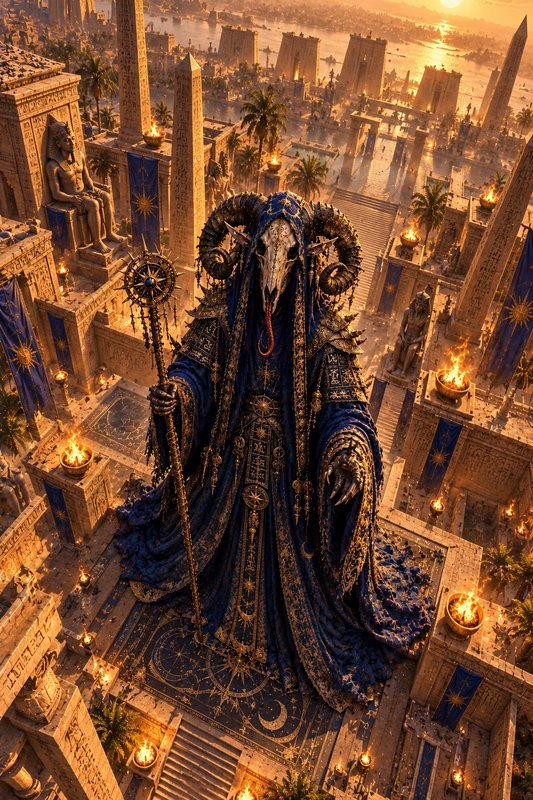 Horned ram-skull lich sorcerer stands atop a temple above a sprawling ancient Egyptian fantasy ci...