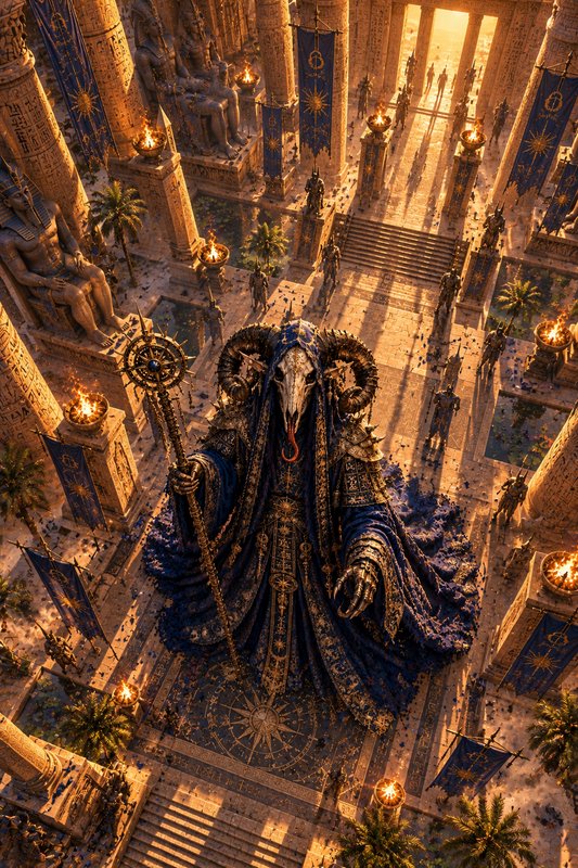 Horned ram-skull sorcerer holding a gilded staff sits atop a throne in a grand sunlit ancient temple
