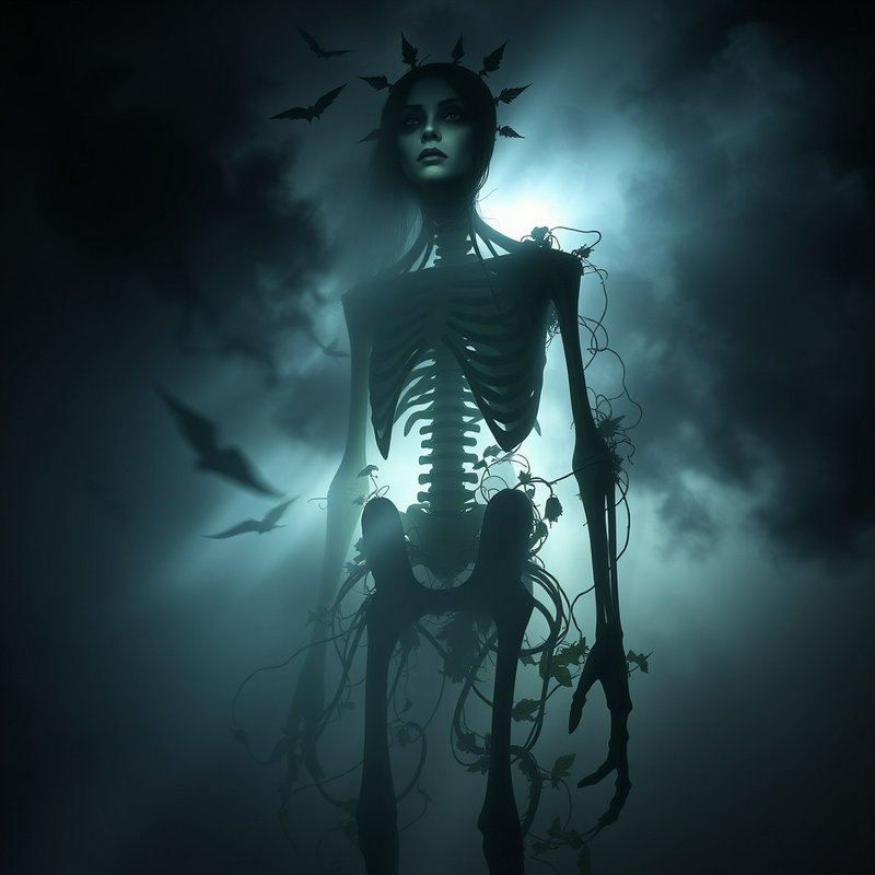 Tall skeletal ghost queen with a leaf crown stands in mist surrounded by bats and tangled vines