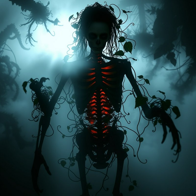 Vine-tangled humanoid skeleton with glowing red insides looms in misty haunted fog