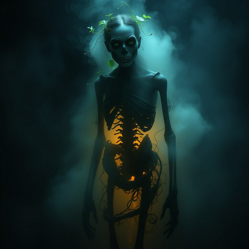 Eerie skeletal undead entity with glowing green eyes and sprouting vines stands in swirling dark ...
