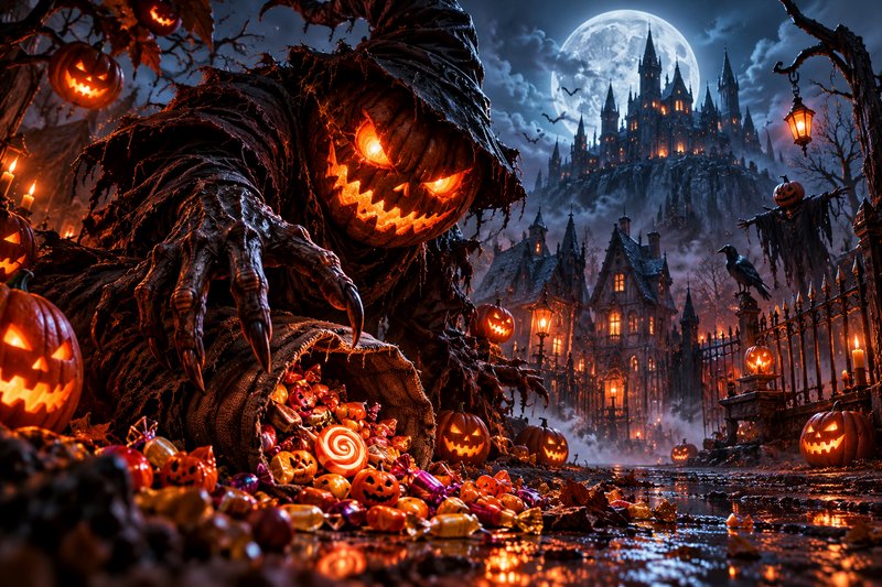 Menacing pumpkin-headed Halloween creature reaches for spilled candy near a haunted gothic castle...