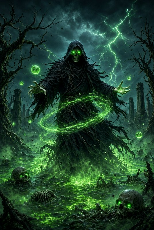 Hooded skeletal lich conjures glowing green necromancy while standing in a stormy cursed swamp li...