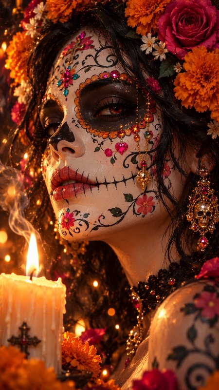 Close-up portrait of a woman with ornate Day of the Dead sugar skull makeup beside a lit candle a...