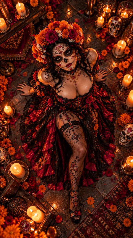 Woman in Catrina sugar skull makeup and flower crown sits surrounded by lit Day of the Dead candl...