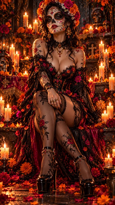 Woman with intricate Day of the Dead sugar skull makeup sits surrounded by glowing candles and fe...