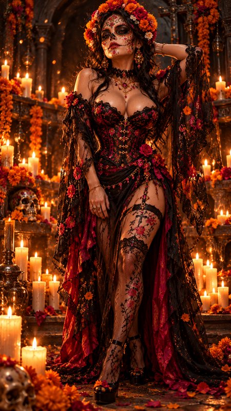 Woman with Catrina sugar skull makeup stands before a glowing candle-lit Day of the Dead altar