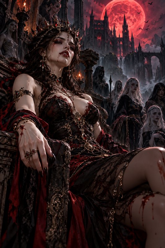 Vampire queen reclines on an ornate gothic throne with her coven under a glowing red blood moon