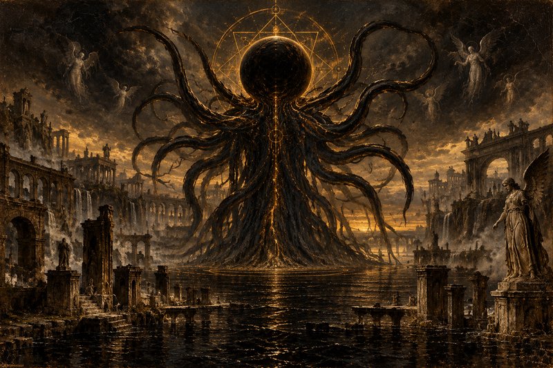 Towering tentacled cosmic entity rises from floodwaters between ancient ruins as angels drift in ...