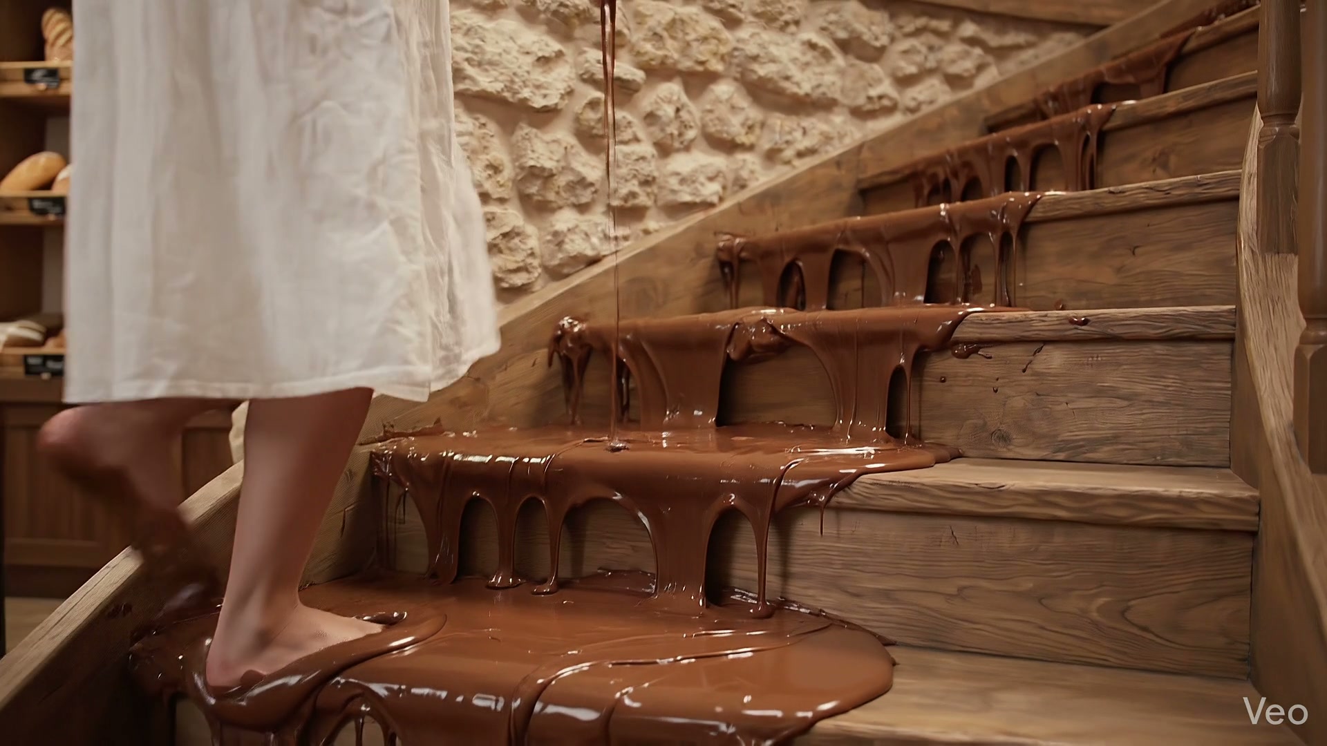 Barefoot person in a white dress stands on rustic wooden stairs covered in dripping, flowing melt...
