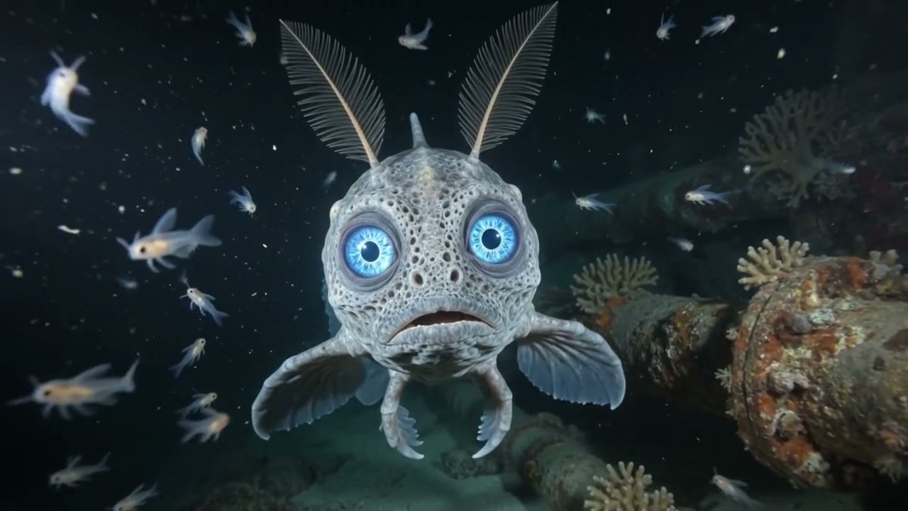 Surreal deep sea fantasy creature with large bright blue eyes, feather antennae, floating in dark...