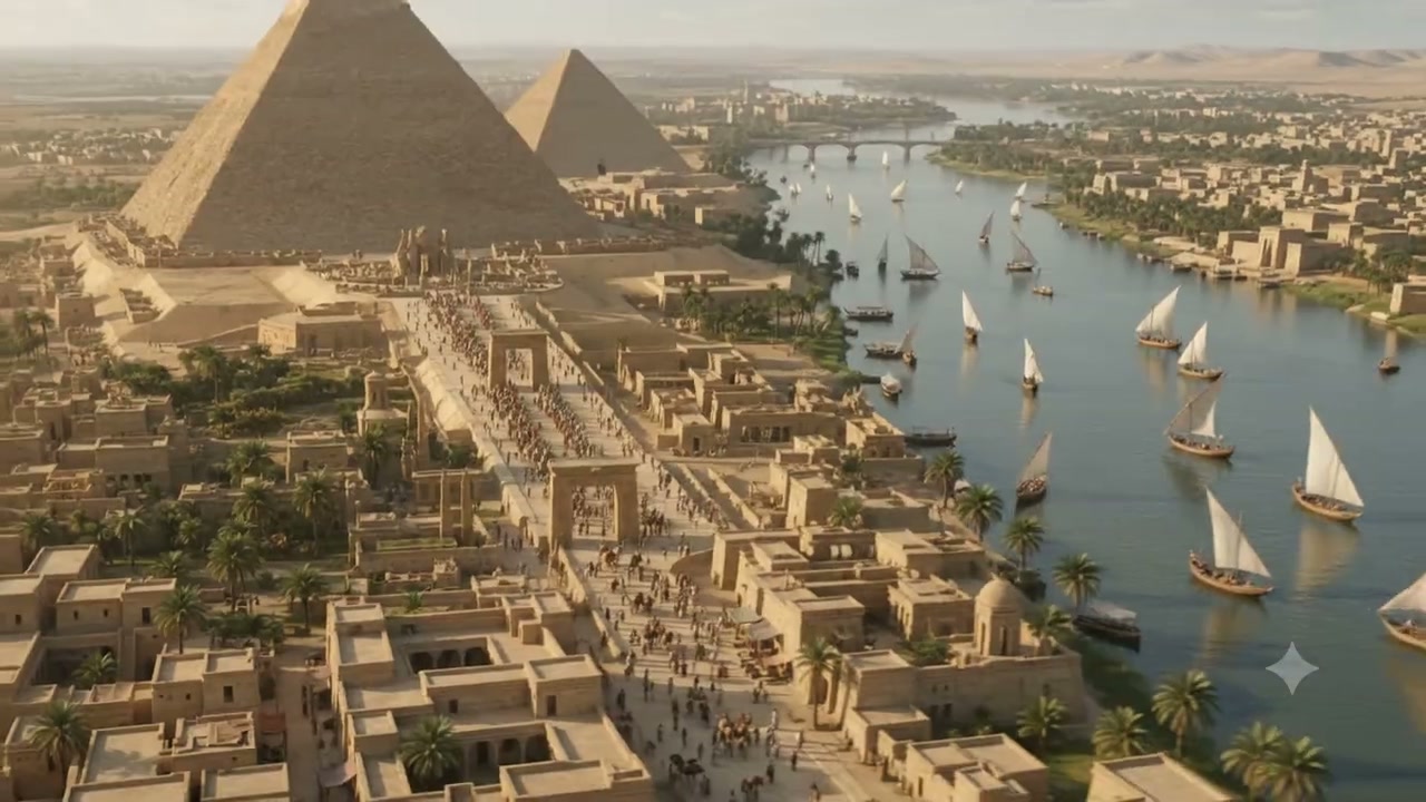 Aerial view of ancient Egyptian pyramid complex, bustling riverside city, and sailboats on the Ni...