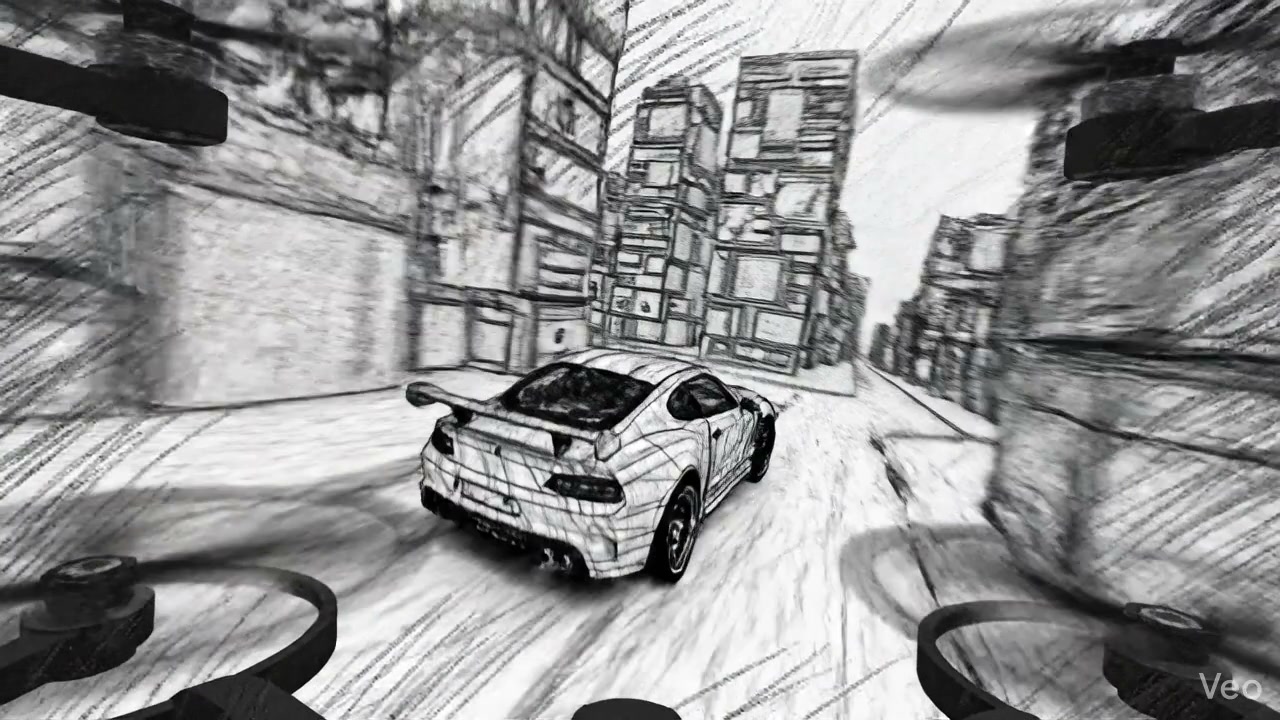 FPV chase view of a widebody sports car driving down a city street, rendered in dynamic pencil sk...