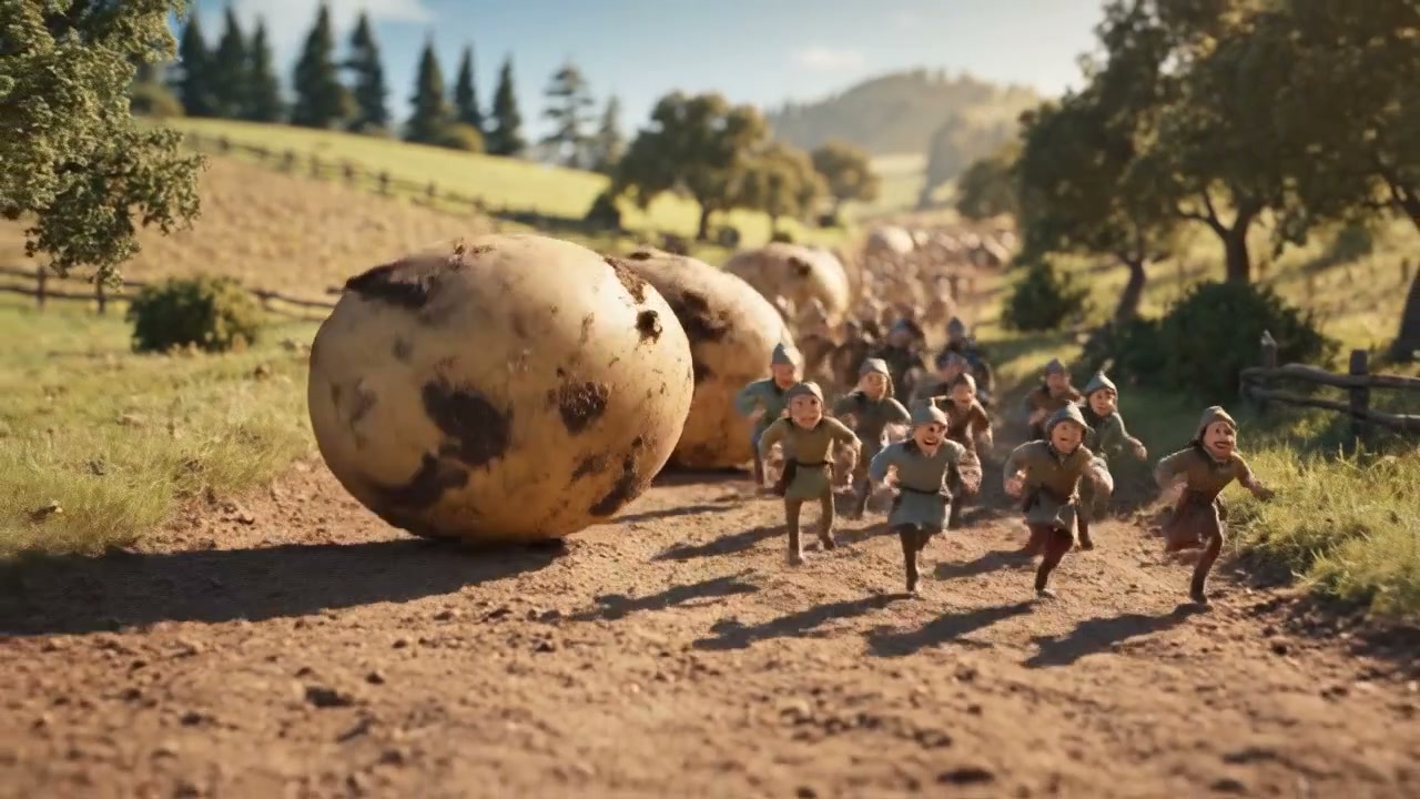 Animated tiny medieval villagers run away from giant rolling potatoes on a sunny countryside dirt...