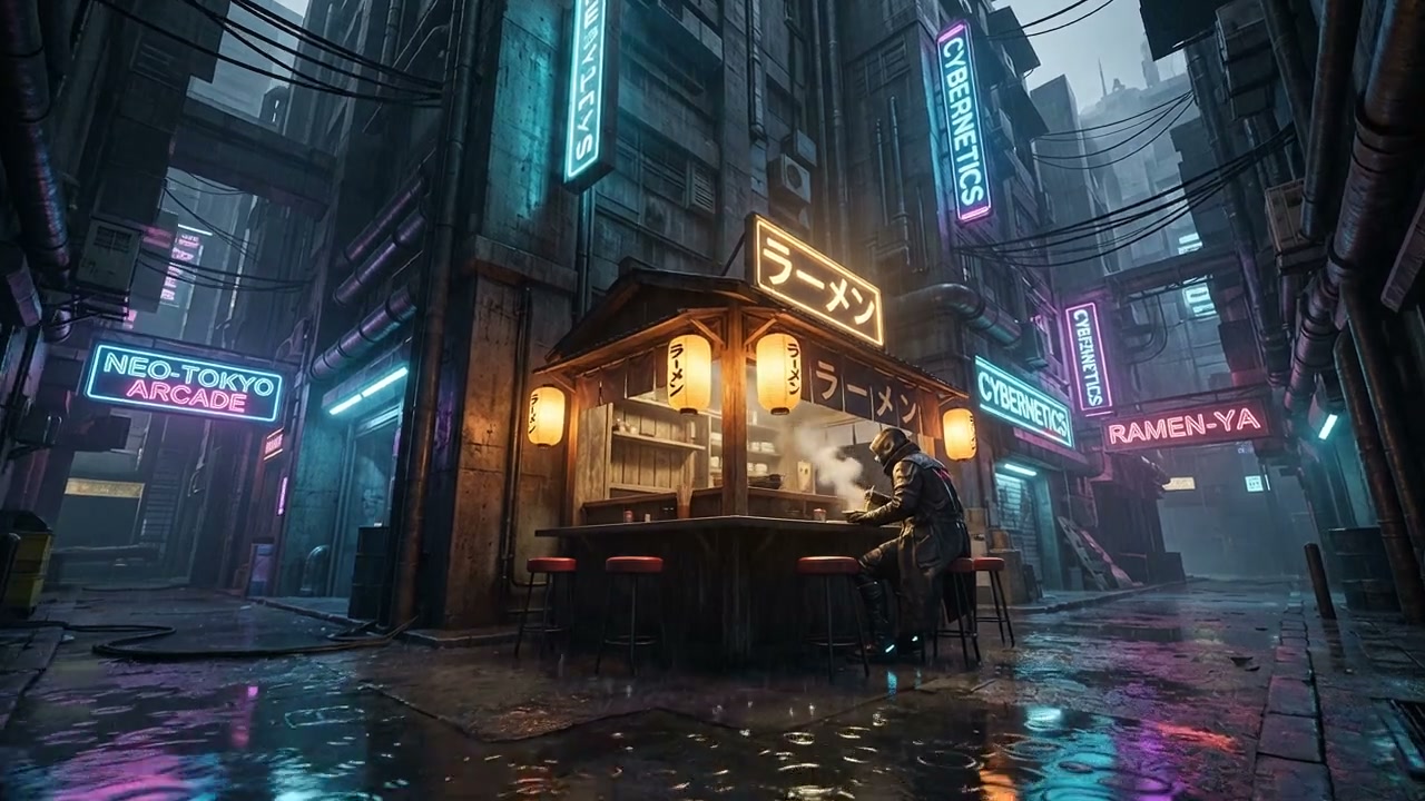 Rainy cyberpunk Neo-Tokyo alley, helmeted patron eats at glowing street ramen stall beneath color...