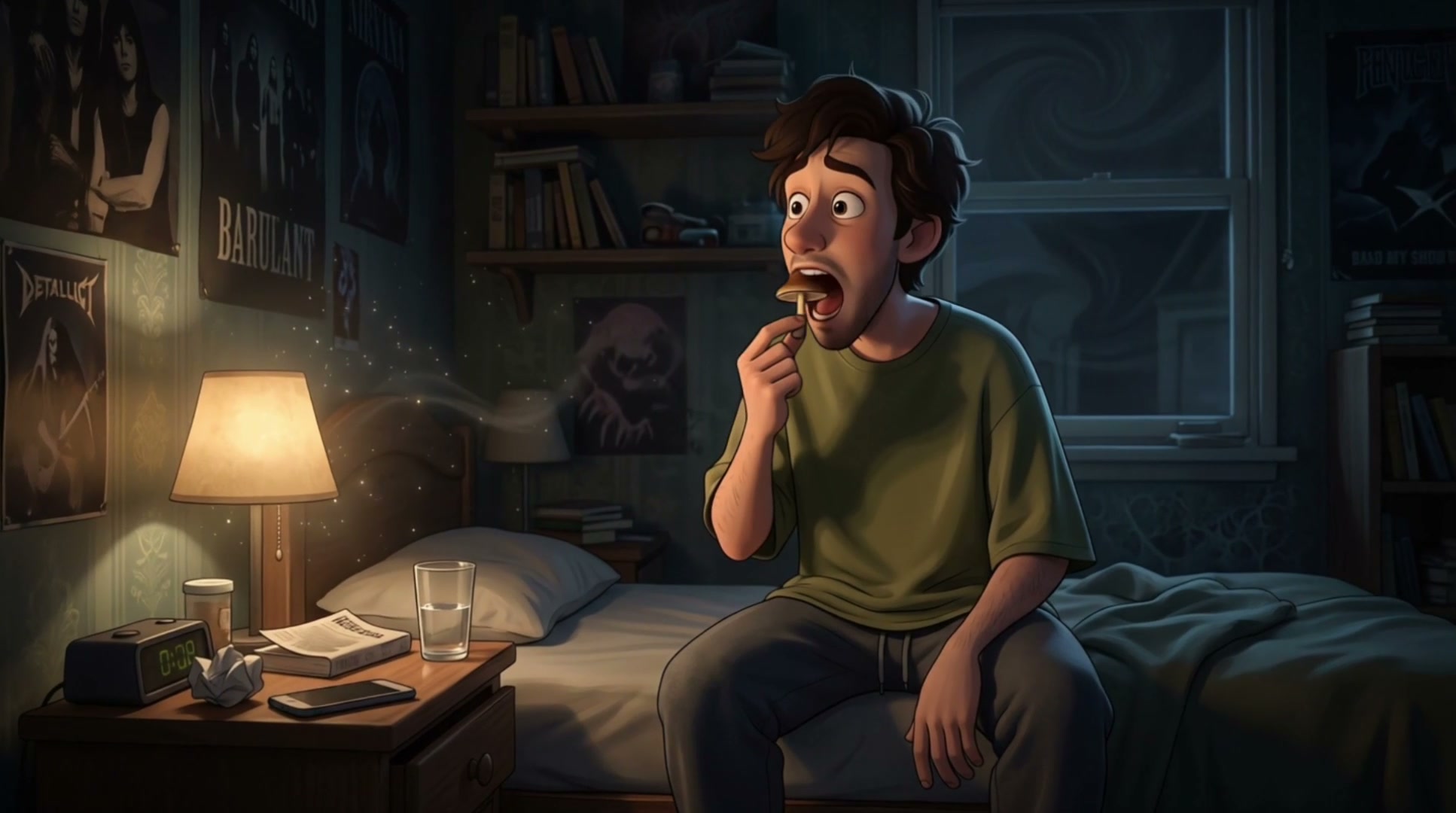 Wide-eyed animated man about to eat a mushroom while sitting on a bed in a dim cozy nighttime bed...