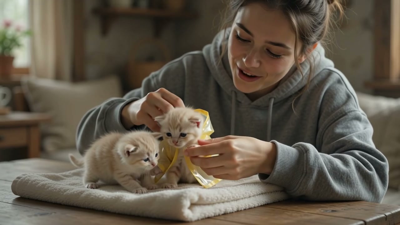 Smiling young woman adjusts a yellow ribbon on one of two tiny fluffy cream kittens sitting on a ...