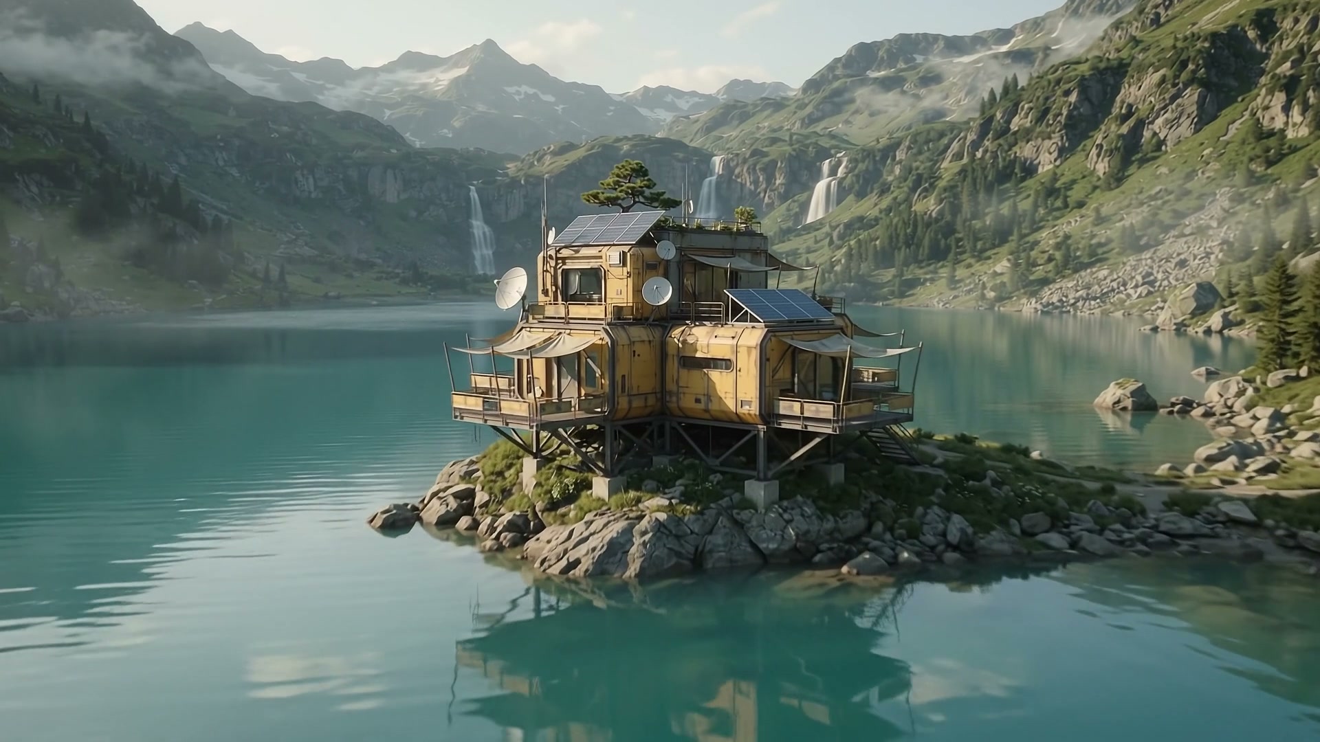 Futuristic off-grid stilted cabin on a small rocky island in a turquoise alpine lake, with misty ...