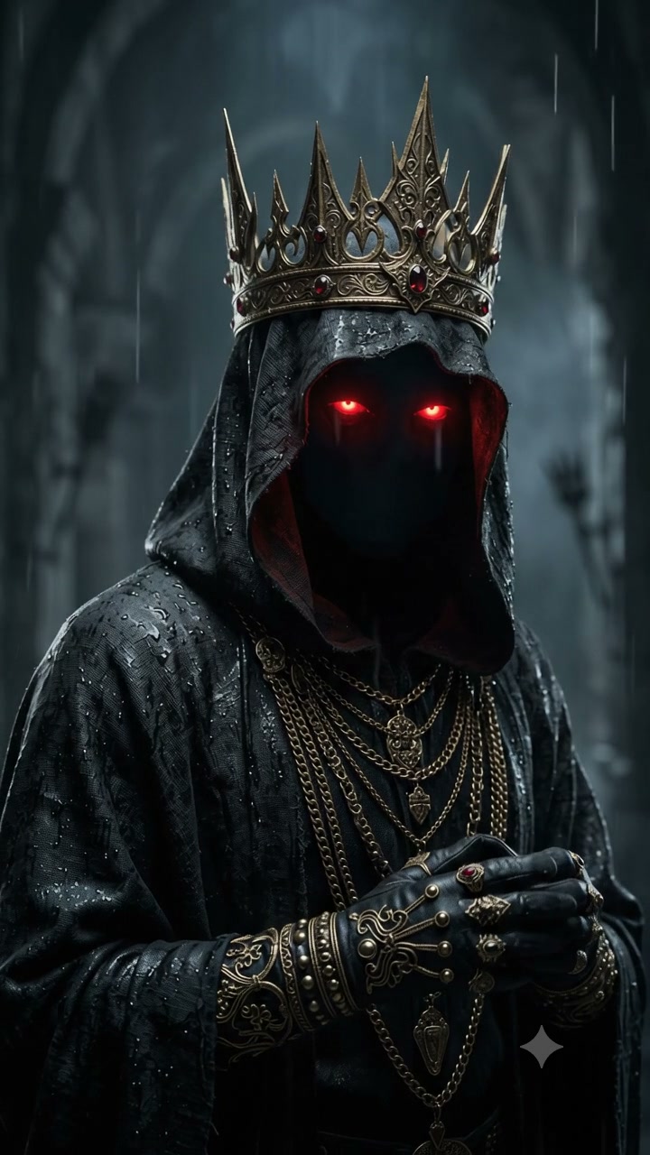 Menacing hooded undead king with glowing red eyes, ornate jeweled gold crown, standing in misty r...