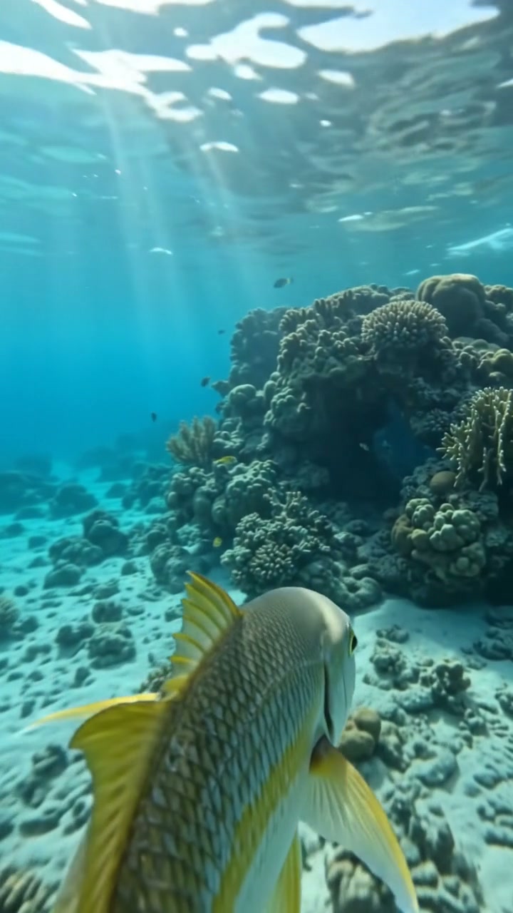 Close-up of a yellow-finned silver reef fish swimming toward a sunlit, healthy tropical coral ree...