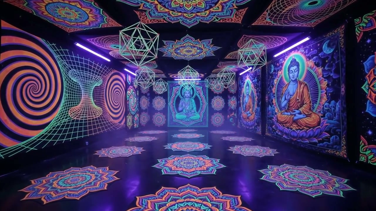 Glowing blacklight psychedelic hallway installation with mandalas, Buddha murals, geometric decor...