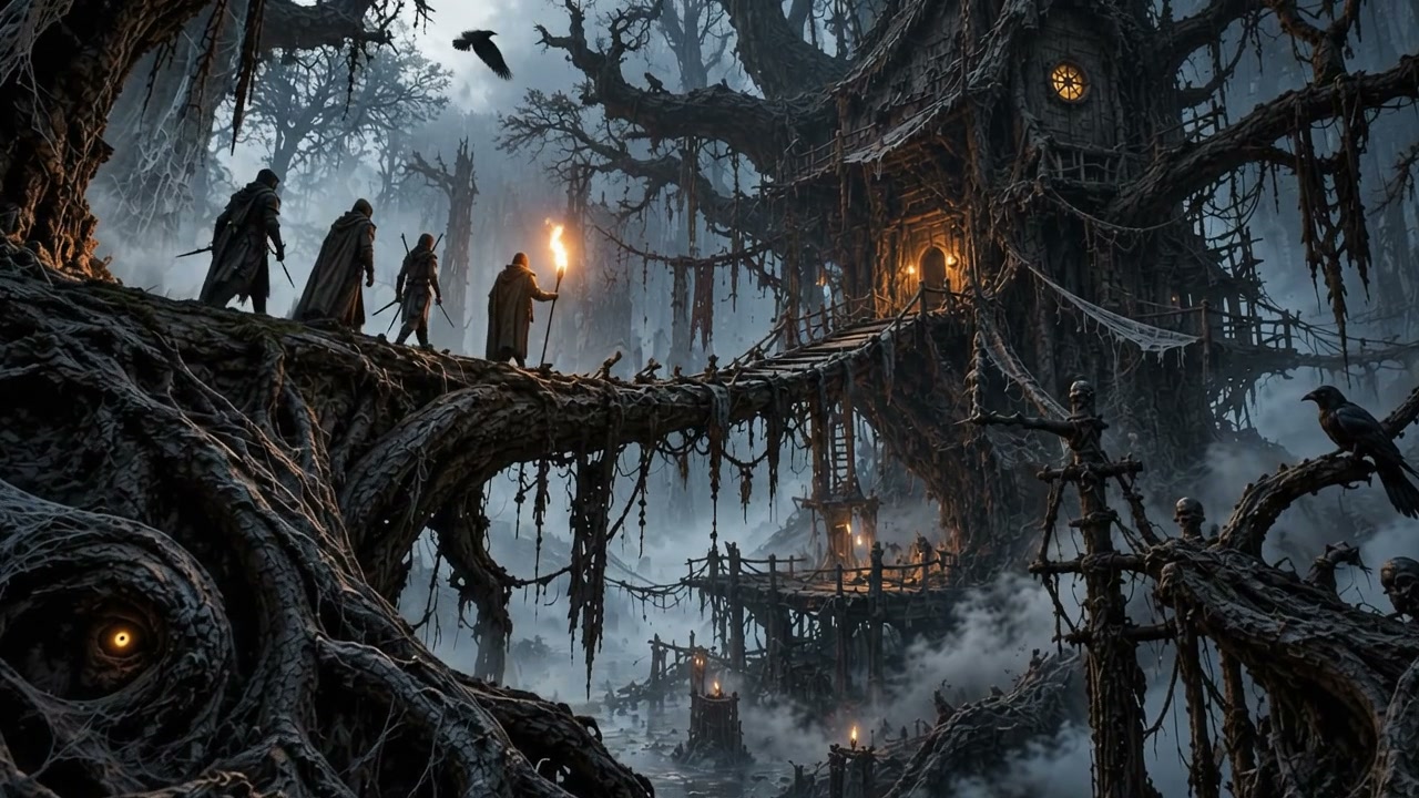 Four cloaked adventurers with a torch approach an eerie twisted treehouse across a gnarled root b...