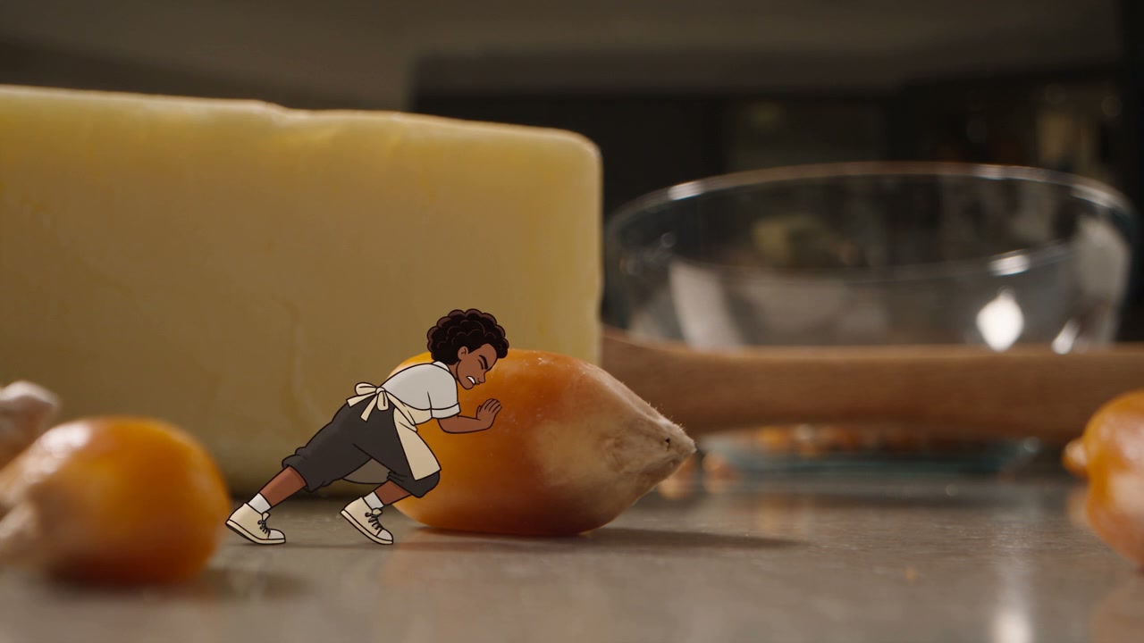 Tiny animated chef pushes a giant popcorn kernel across a kitchen counter
