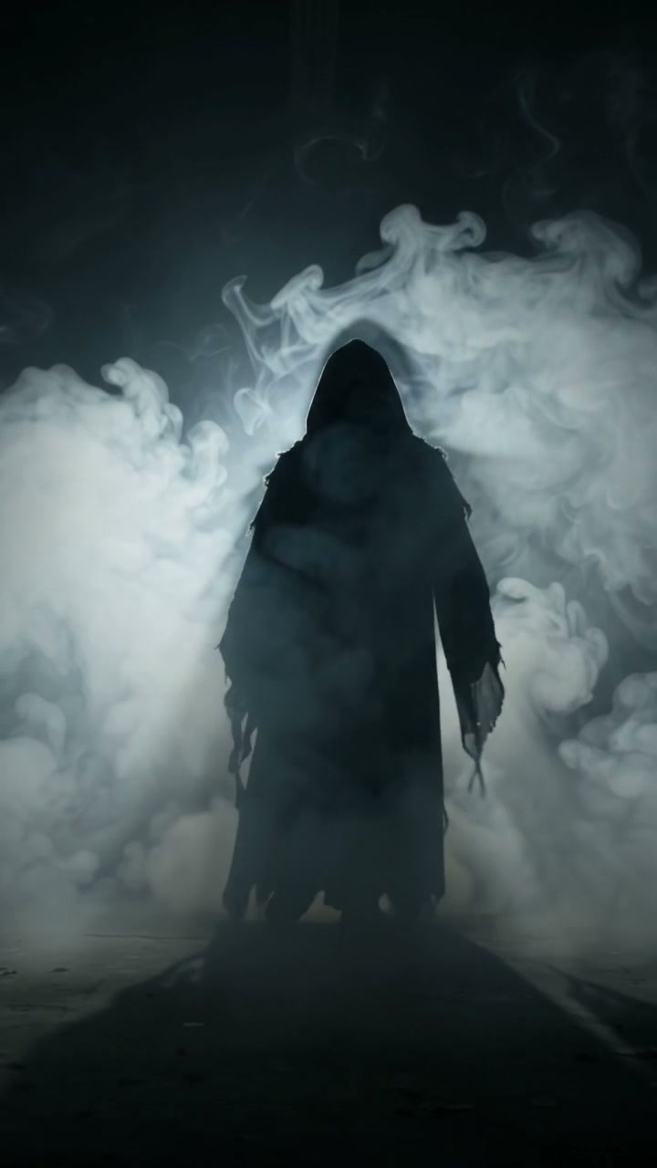Faceless hooded grim reaper silhouette stands amid swirling wispy smoke in dark moody lighting