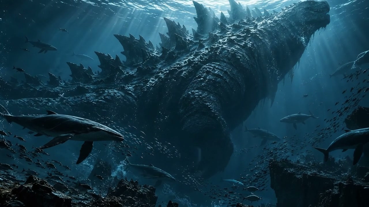Massive spiked Godzilla kaiju swims deep underwater surrounded by sharks and schools of fish