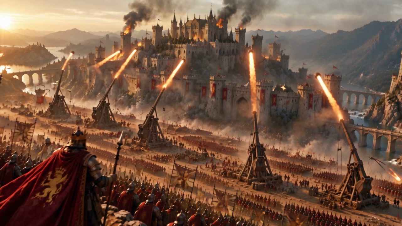 Crowned medieval king overlooks a massive army firing flaming catapults at a burning besieged cli...
