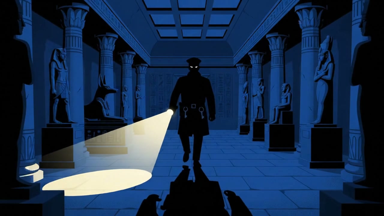 Silhouetted figure with a flashlight walks through a dark ancient Egyptian tomb corridor
