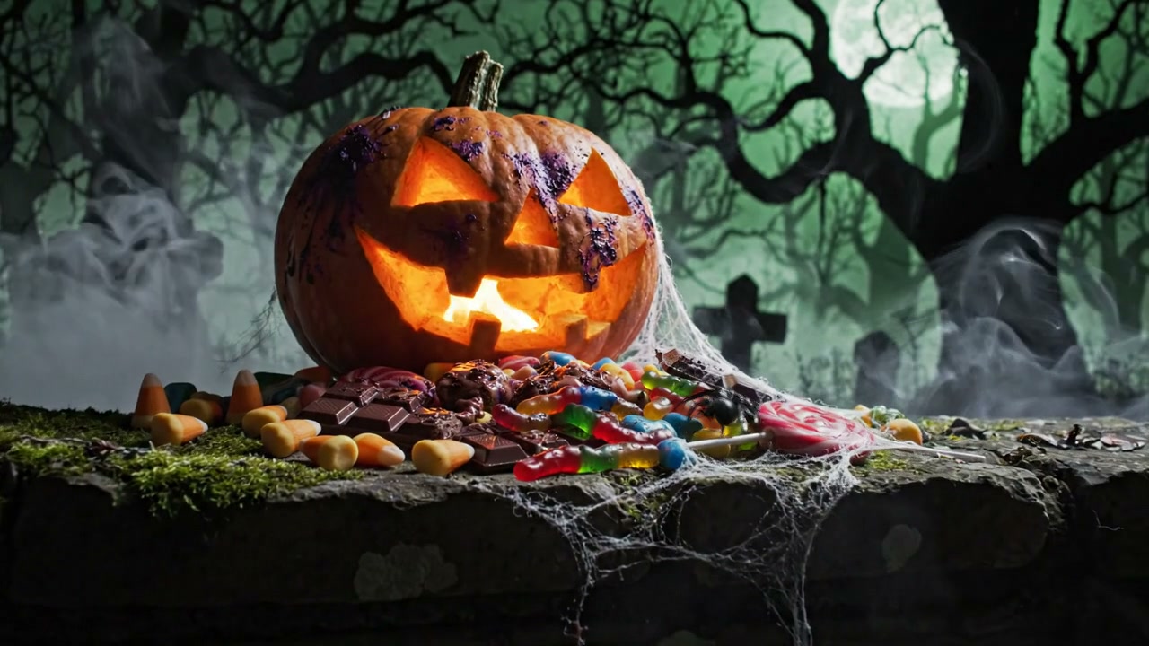 Glowing carved jack-o-lantern rests on a pile of Halloween candy in a foggy moonlit graveyard