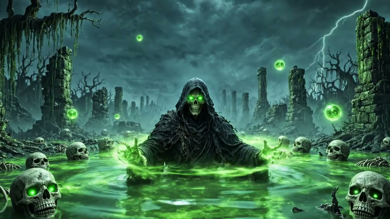 Hooded skeletal lich conjures glowing green necromancy while rising from a cursed swamp of ruins ...