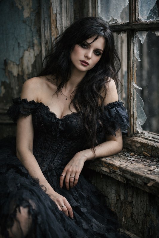 Woman in a black lace off-shoulder gown sits by a cracked window in a dilapidated, moody setting.