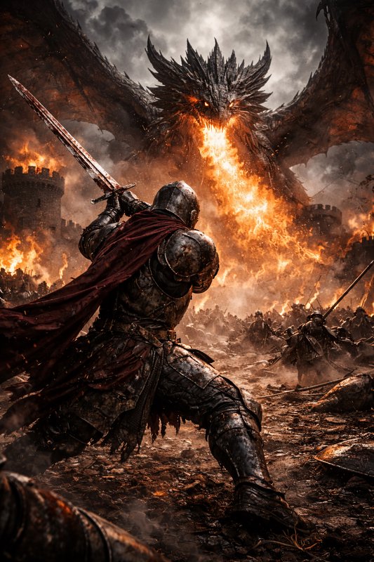 Knight in worn armor battles a fiery dragon amid a burning siege.