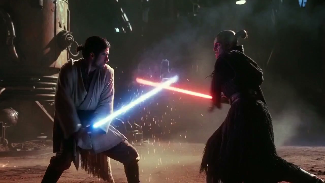 Two samurai-like figures duel with blue and red lightsabers in a smoky, industrial battlefield.