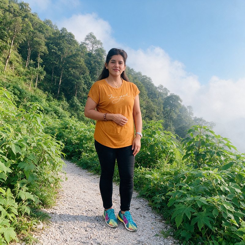 Smiling woman standing on a gravel mountain hiking trail surrounded by lush green forest and misty blue sky.