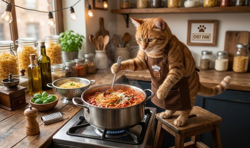 Orange cat wearing a chef apron stirs a pot of spaghetti on a stove in a cozy kitchen.