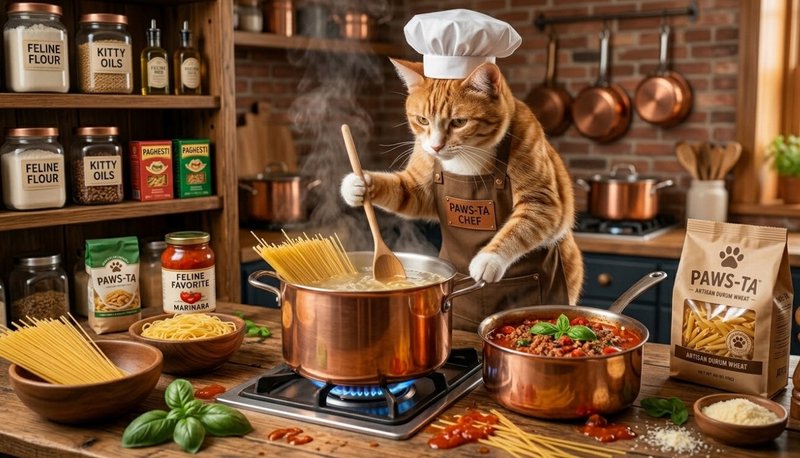Orange cat wearing a chef hat and apron, stirring a copper pot on a stove in a cozy kitchen.