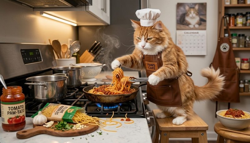 Orange cat wearing a chef hat and brown apron cooking spaghetti on a stove in a cozy kitchen.
