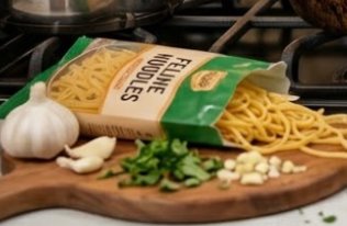 Bag of dried spaghetti pasta on a cutting board with garlic, parsley, and chopped nuts in a kitch...